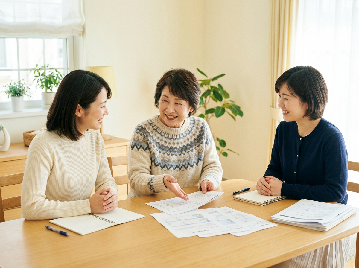 母親と娘、女性相談員の三人が書類を前に穏やかに話している様子