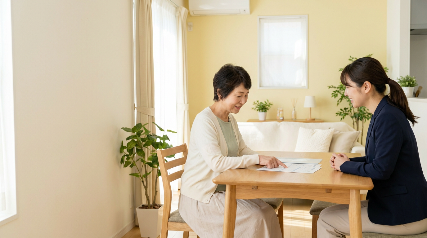 明るいリビングで、書類を見ながら穏やかに話す60代女性と女性相談員