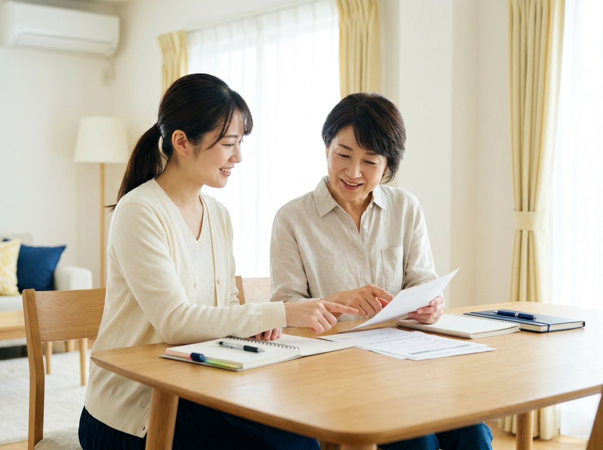 自宅のテーブルで保険の書類を整理する女性と相談員