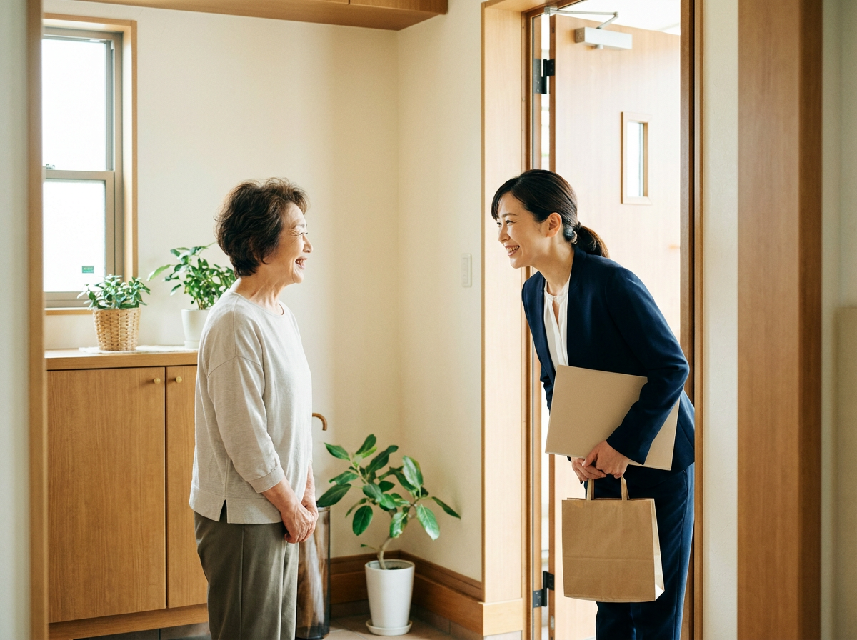 自宅の玄関先で、訪問したスタッフとシニア女性が笑顔で挨拶を交わす様子