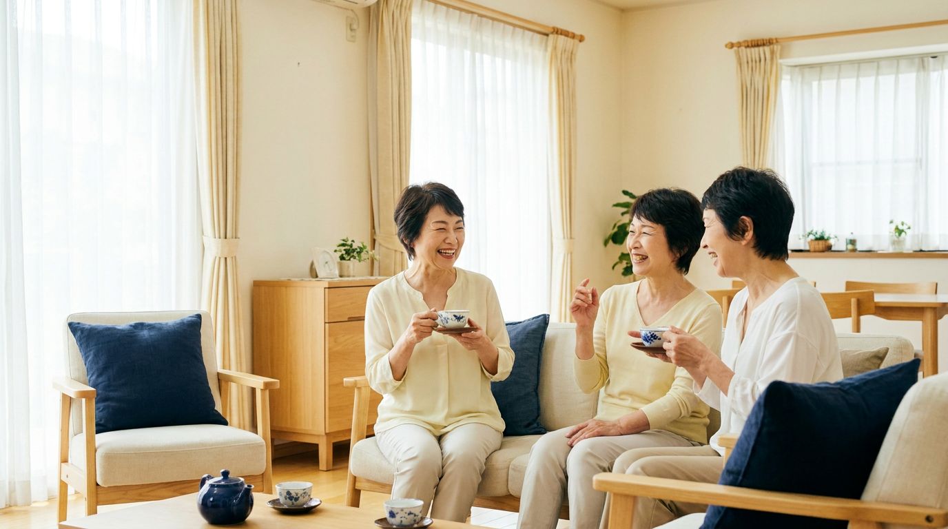 明るいリビングで、お茶を飲みながら楽しそうに談笑するシニア女性たち