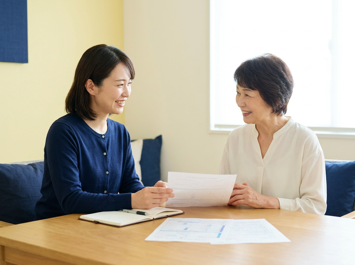 年金や税金の書類を一緒に確認しながら話す60代女性と女性相談員